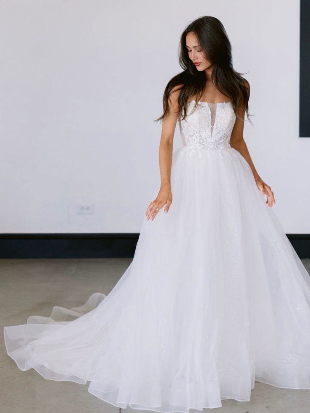 Romantic Dimensional Lace & Sequin Tulle Strapless Wedding Gown